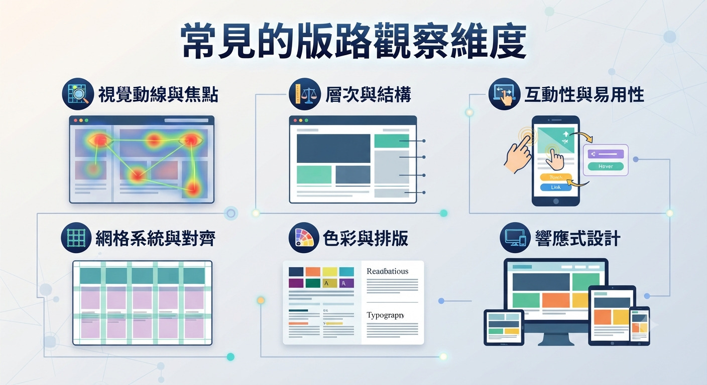 這張圖表展示了常見的版路觀察維度,並透過六個圖解區塊詳細說明了網頁與介面設計的分析重點。 內容涵蓋了視覺動線、階層結構、互動性、網格系統、色彩排版以及響應式設計等核心概念。